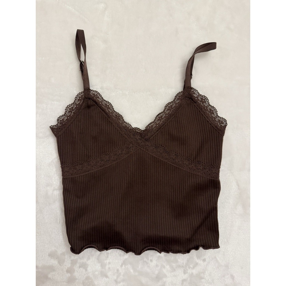 H&M Divided Brown Ribbed Lace Trim Cami Crop Top XS Chocolate Lettuce Hem